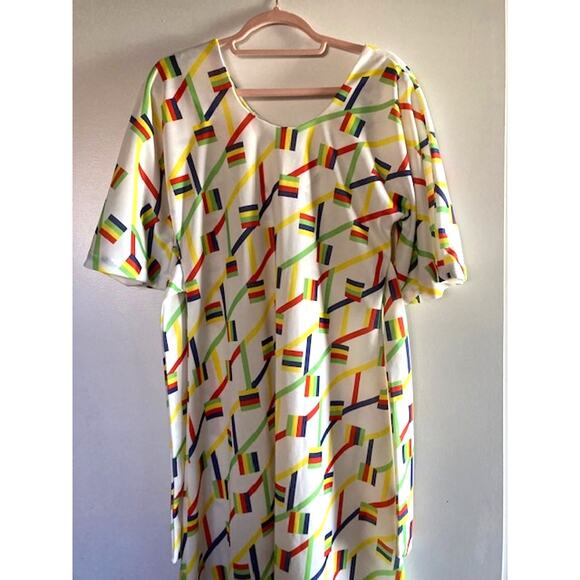 Vintage Yellow Geometric MAXI Dress w/ Attached Belt - M-L - Picture 7 of 8